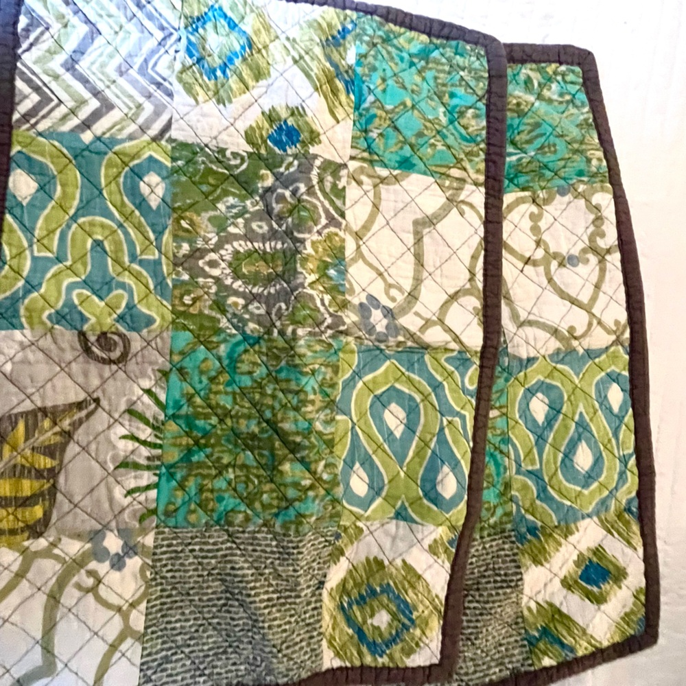 Patchwork Quilted standard size pillow shams. Beautiful - Green, grays and Blue